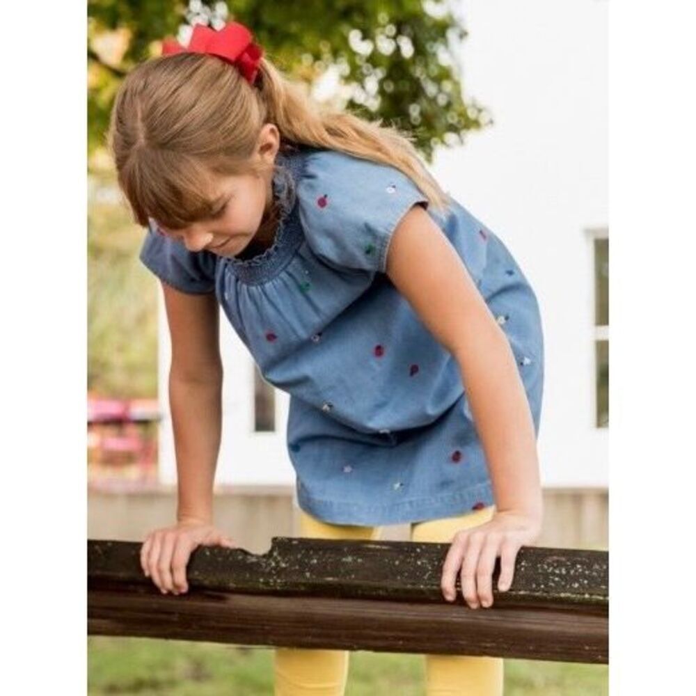 Hanna Andersson Girls 6/7 (120) Flower Embroidered Chambray Denim Dress